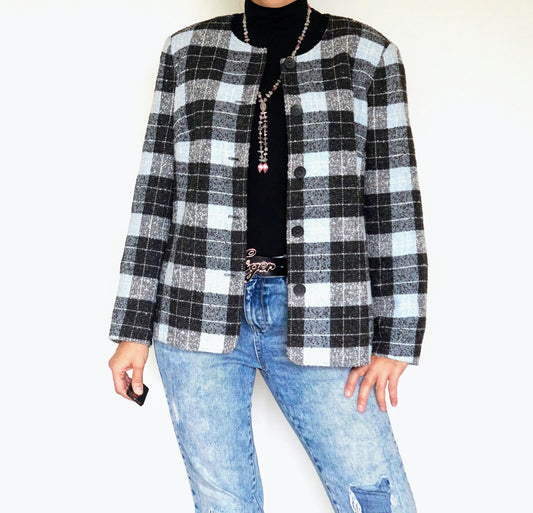 Vintage Checked Plaid Wool Blend Blazer